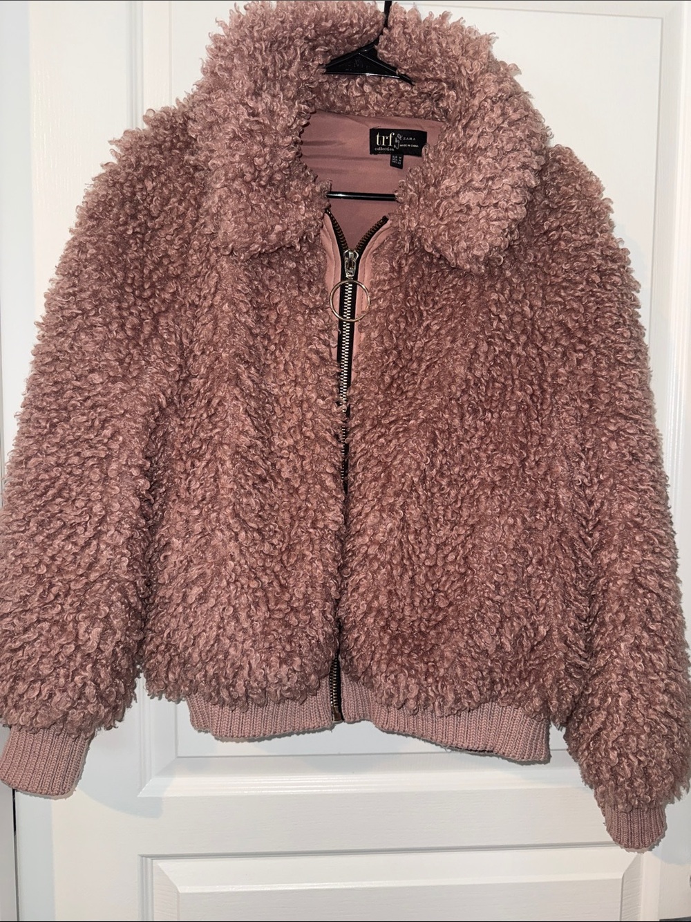 Zara TRF Teddy Fluffy Fleece Faux Fur Full Zip Bomber Jacket Dusty Pink